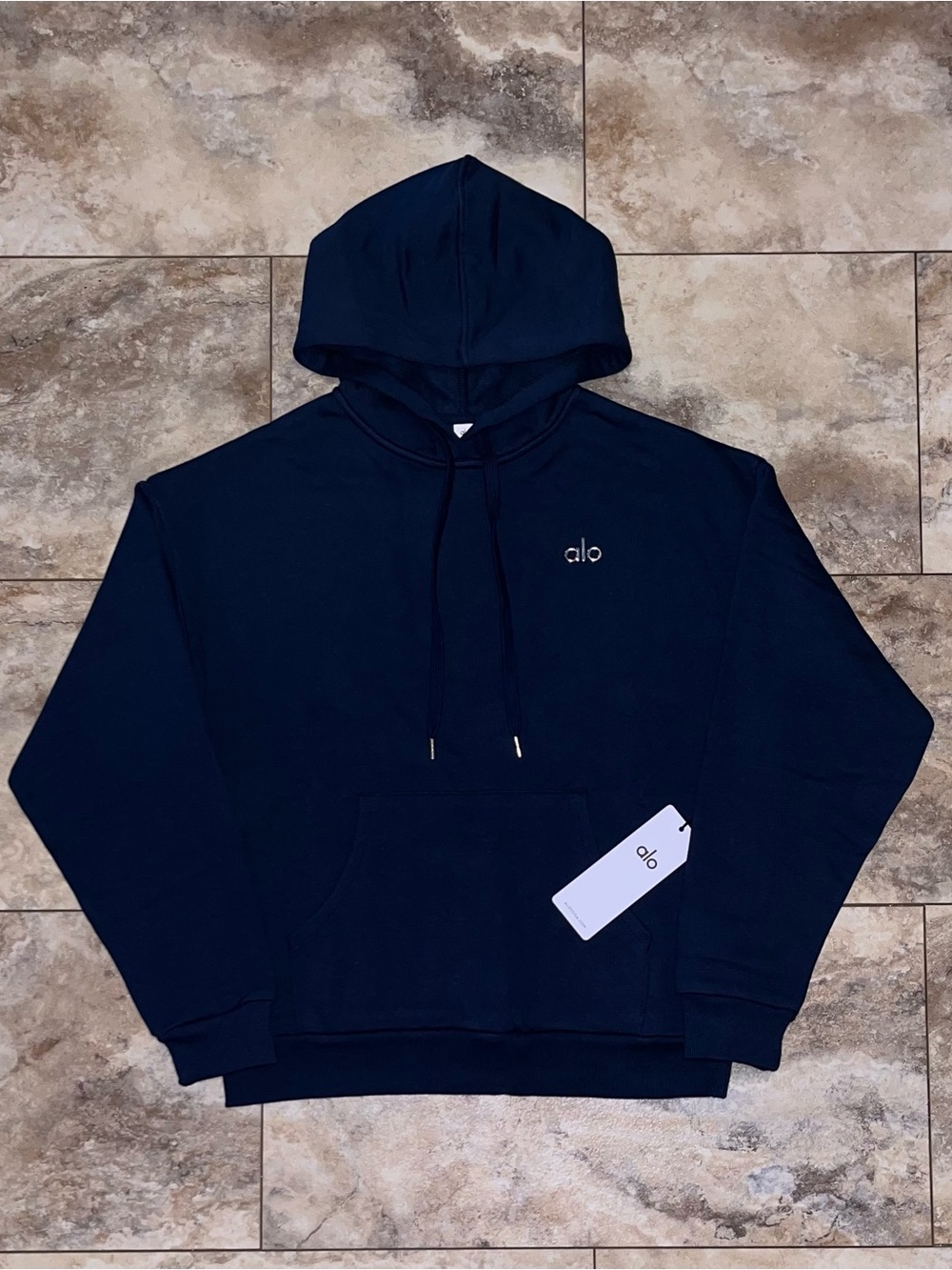 Alo Yoga Accolade Hoodie Pullover Logo Sweatshirt Navy Blue Size Medium